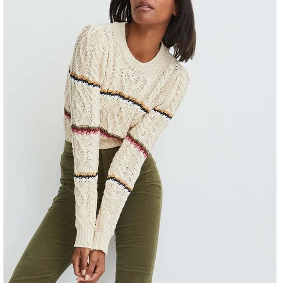 Veronica Beard Bruna Cream Black Multi Stripe Chunky Knit Long Sleeve Sweater M - Picture 1 of 16